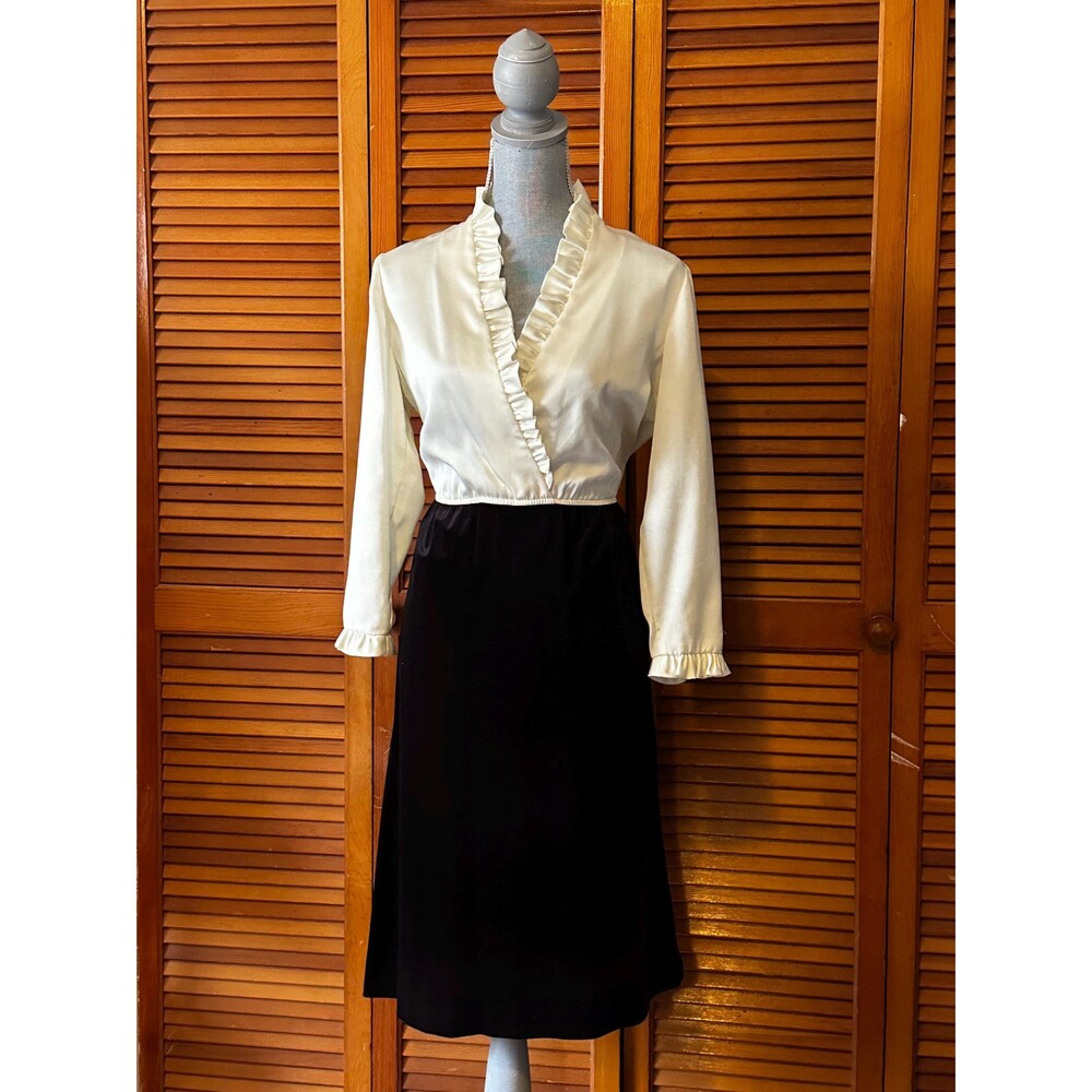 Vintage 1960s Leslie Fay Satin Velvet Midi Ruffle Cocktail Dress